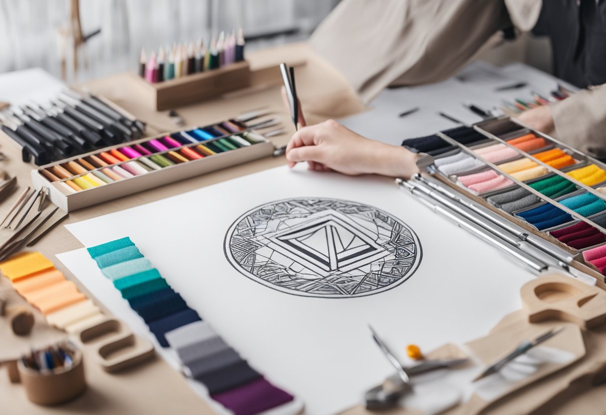 A clothing brand logo being sketched on a blank canvas, surrounded by fabric swatches, sewing tools, and design sketches