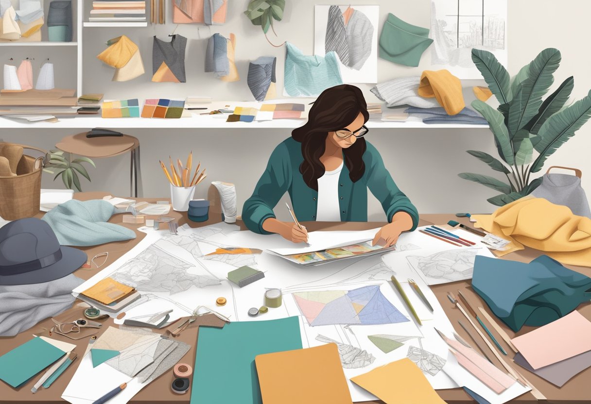 A designer sketching clothing concepts on a large work table surrounded by fabric swatches, sewing equipment, and a mood board for inspiration