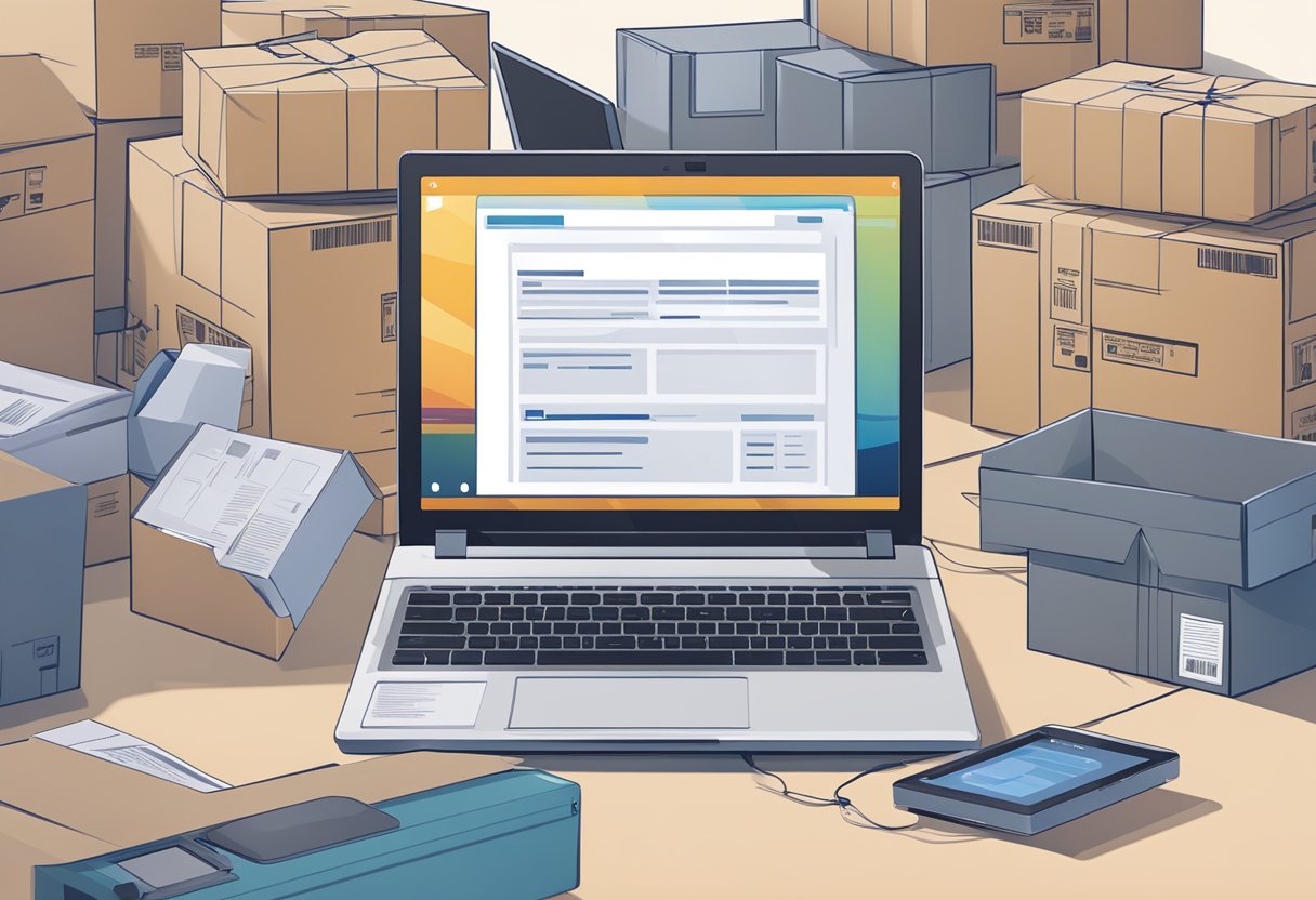 A laptop with a product management software open, surrounded by shipping boxes and a shipping label printer