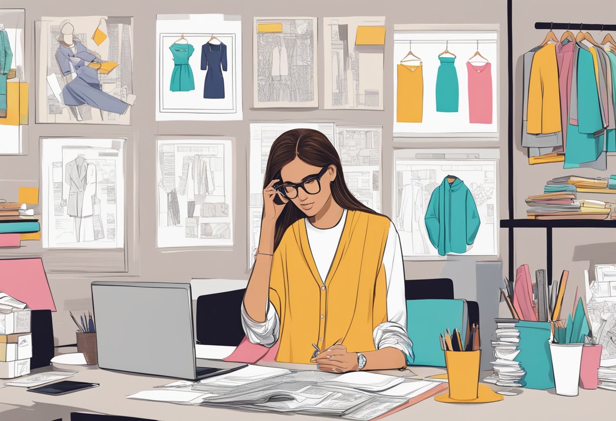 A designer sketches clothing ideas while surrounded by fashion magazines, fabric swatches, and a computer displaying market research data