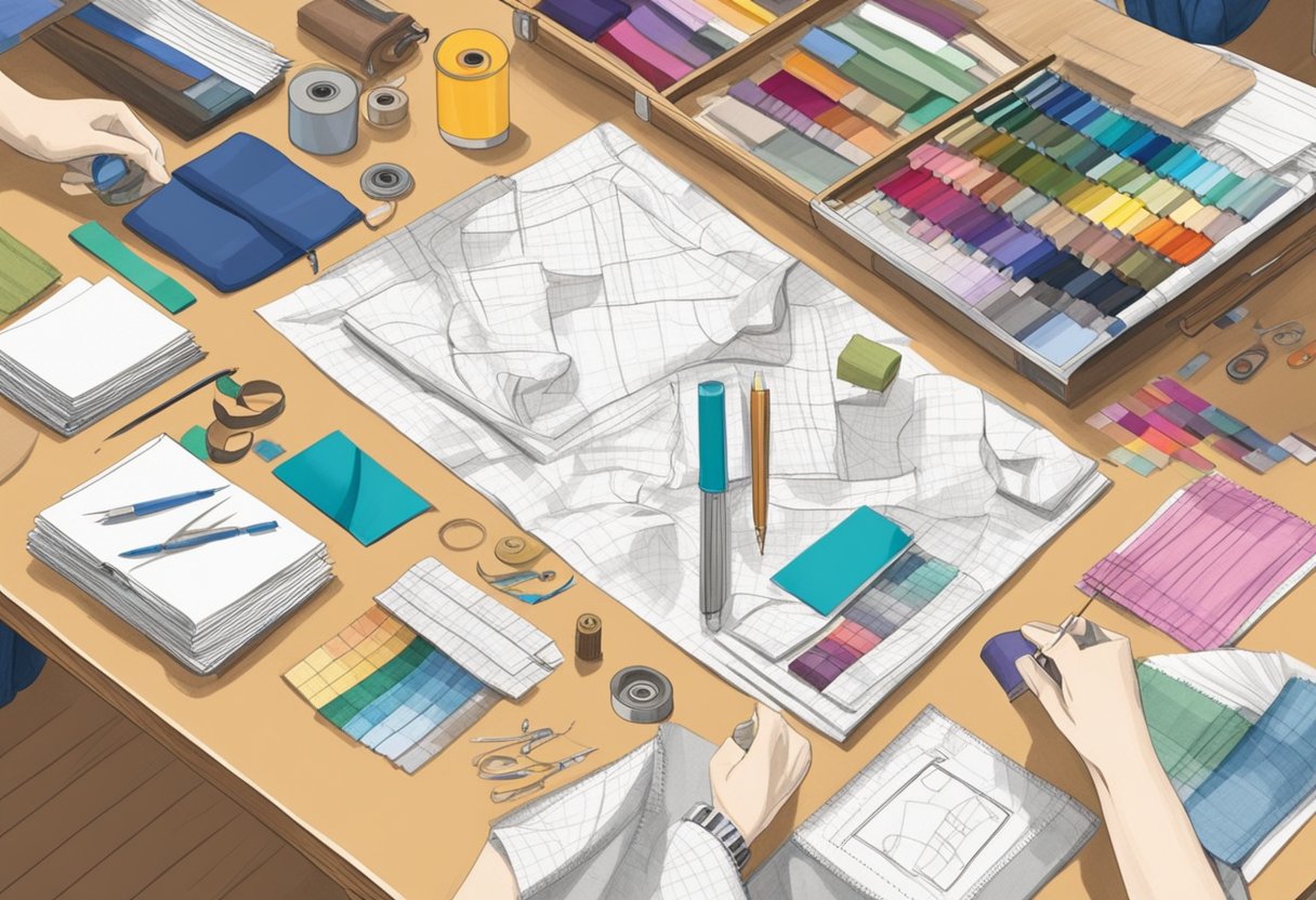 A designer sketches clothing concepts on a large work table surrounded by fabric swatches, measuring tapes, and sewing supplies