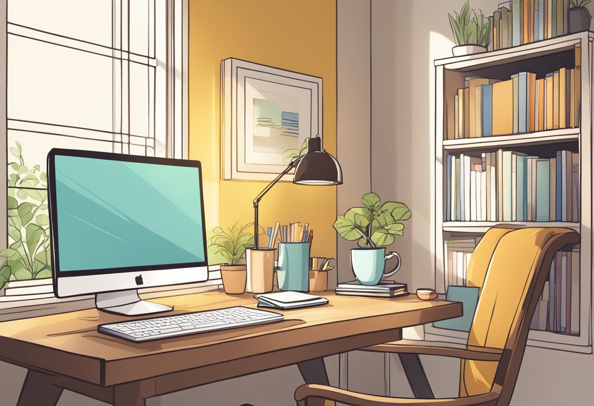 A cozy home office with a laptop, coffee mug, and books on a desk. A graph showing income growth hangs on the wall. Sunshine streams through the window