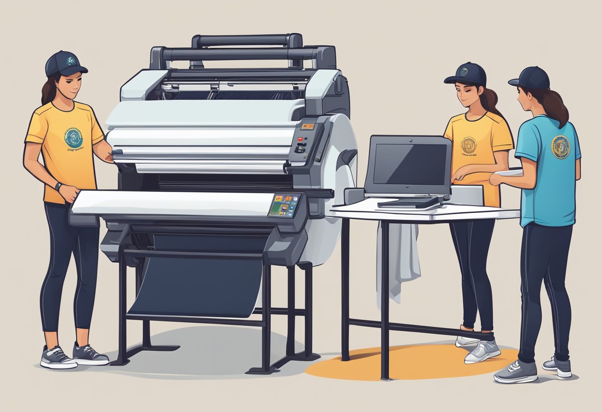 A clothing brand logo being printed on a blank t-shirt, while a designer creates an online store and a salesperson sets up a retail display