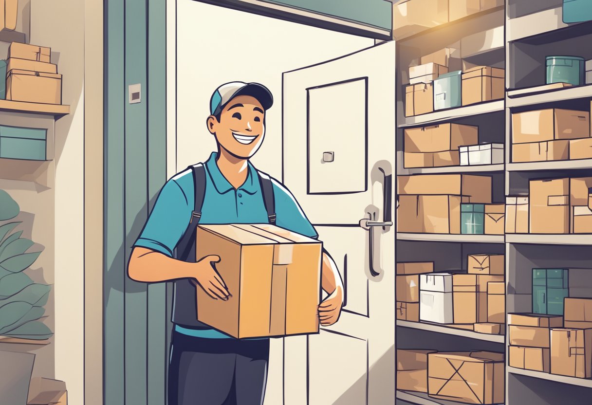 A smiling customer receiving a package at their door, surrounded by various products and shipping materials