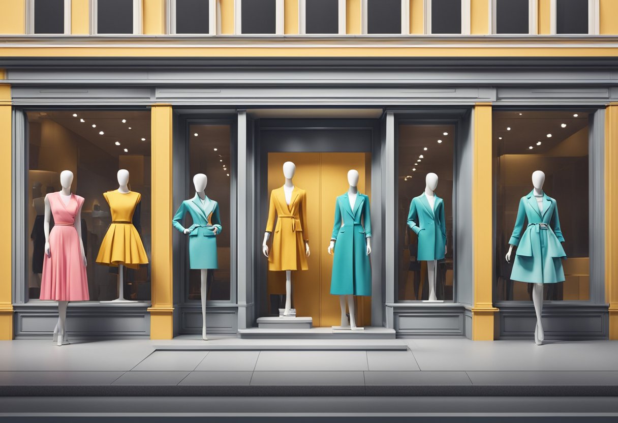 A clothing brand logo on a vibrant, eye-catching storefront with a line of stylish mannequins displaying the latest collection