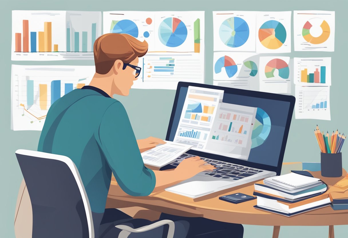 A person multitasking between a laptop and a stack of books, with a pencil and notepad nearby, surrounded by charts and graphs