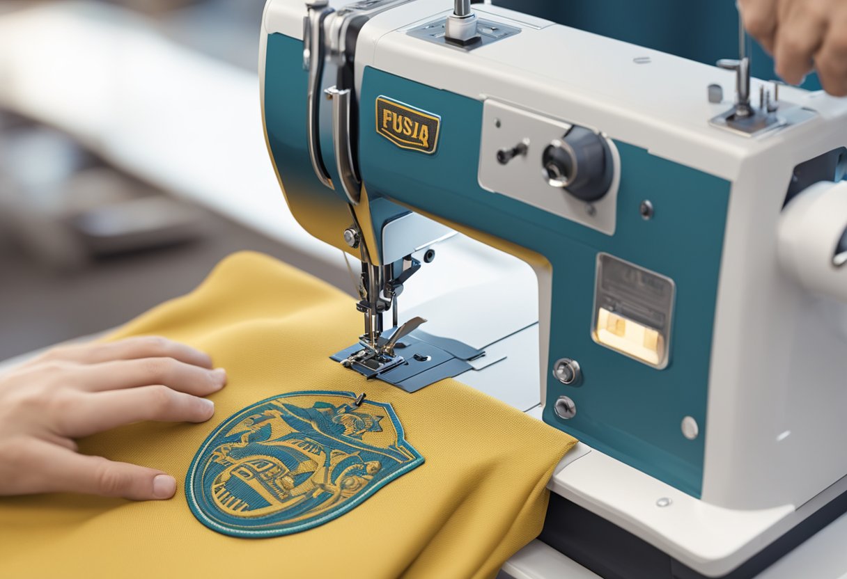 A clothing brand logo being stitched onto a new garment by a hand-operated sewing machine