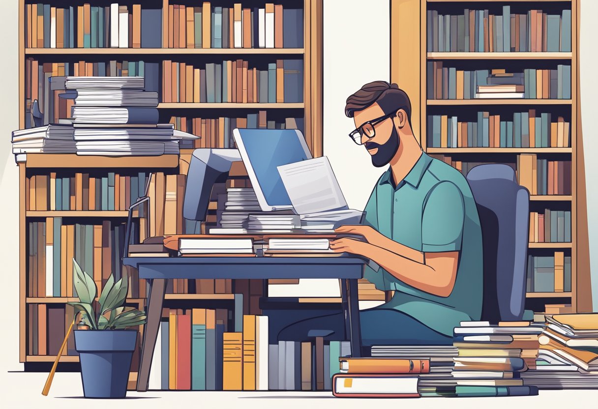 A person researching legal documents and policy guidelines on a computer, surrounded by books and papers