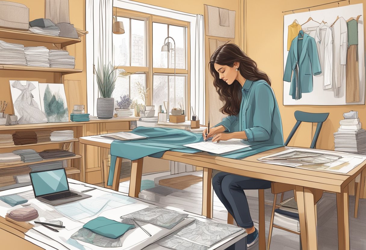 A designer sketching clothing designs on a drafting table surrounded by fabric swatches, sewing equipment, and a mood board