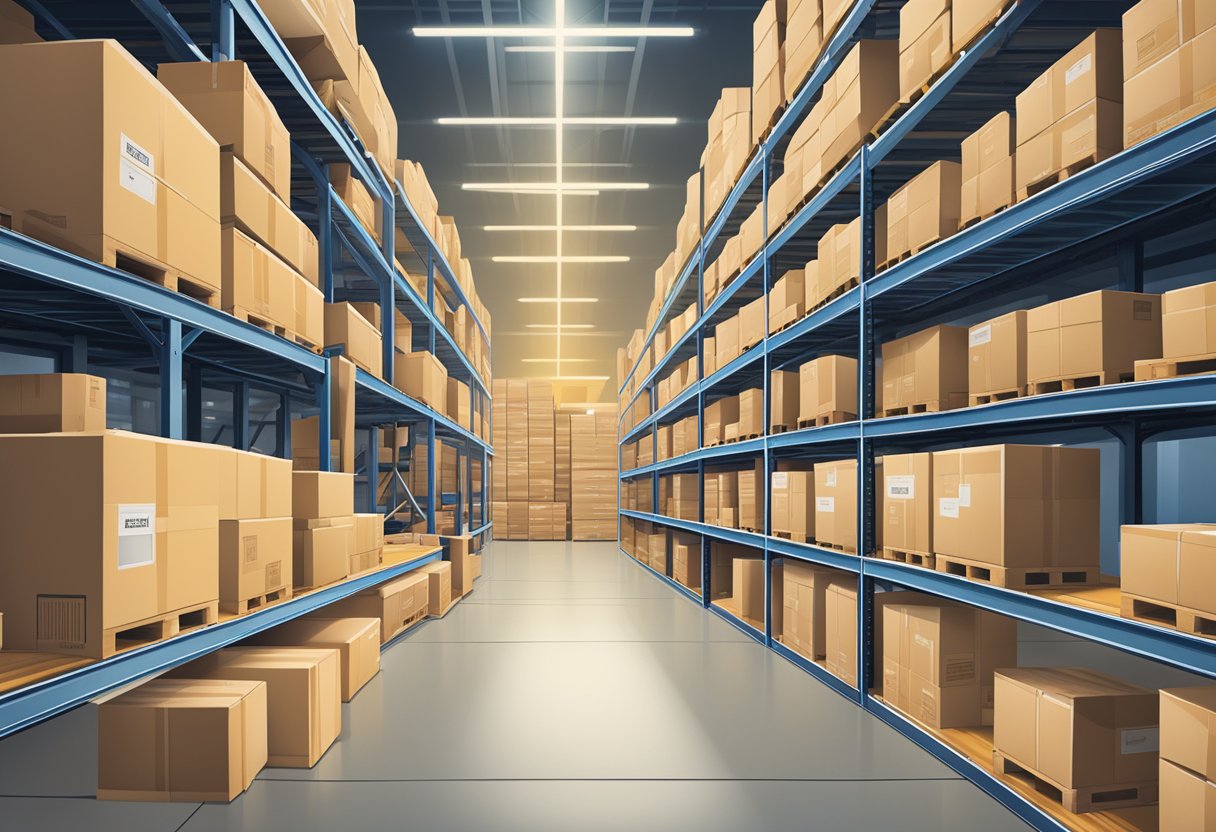 A warehouse filled with stacked boxes, a conveyor belt, and a computer with multiple tabs open, showing product listings and order tracking