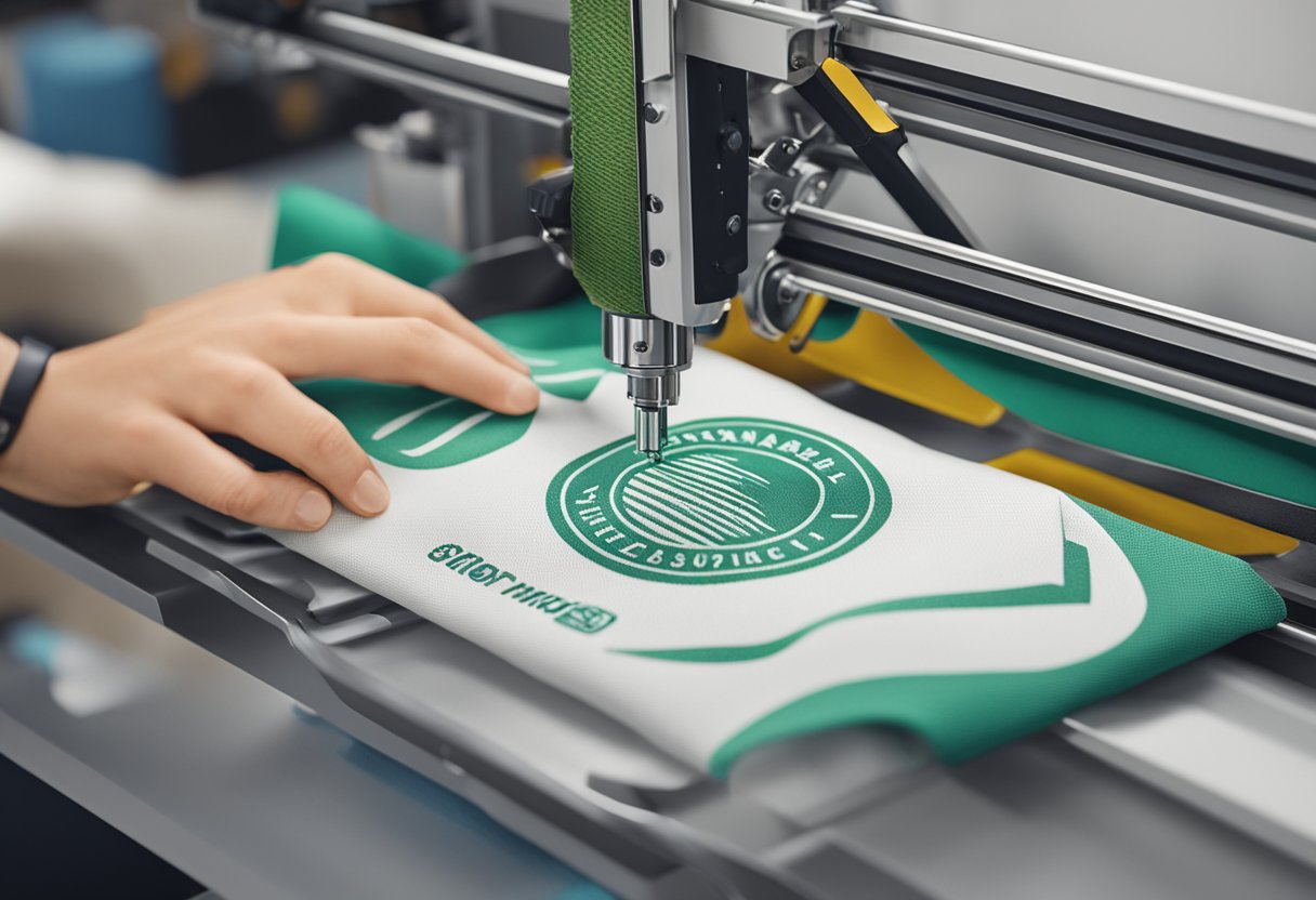 A clothing brand's logo being printed on eco-friendly fabric, with a focus on sustainable materials and ethical production methods