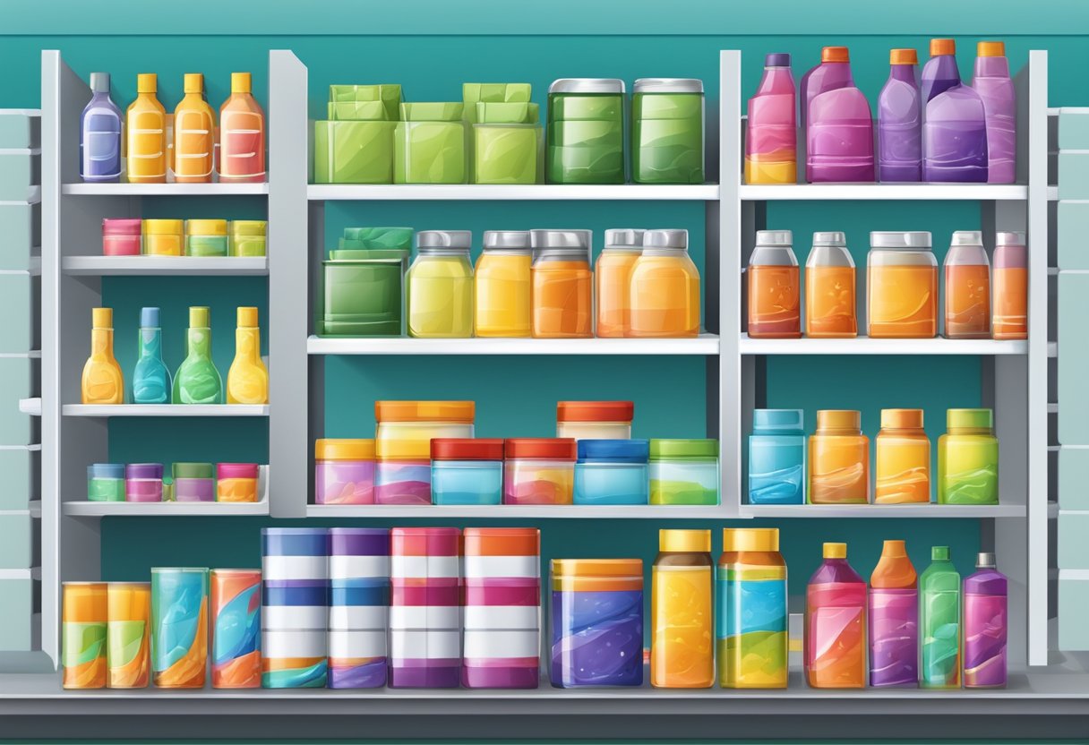 A colorful display of products arranged on shelves and racks in a retail setting