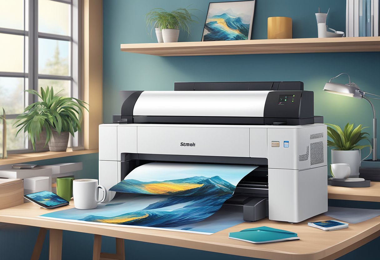 A sublimation printer in a modern office setting, printing vibrant and detailed images onto various items such as mugs, t-shirts, and phone cases