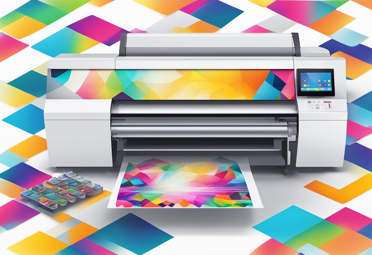 A sublimation printer with ink cartridges and a computer connected, printing a colorful design onto a blank white polyester fabric