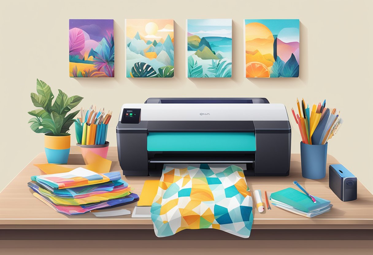 A sublimation printer sits on a clean, organized desk, surrounded by vibrant, colorful printed products such as mugs, phone cases, and t-shirts