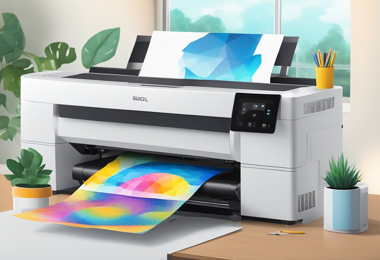 A sublimation printer with ink and media set up on a desk in a well-lit room. The printer is connected to a computer and ready for use