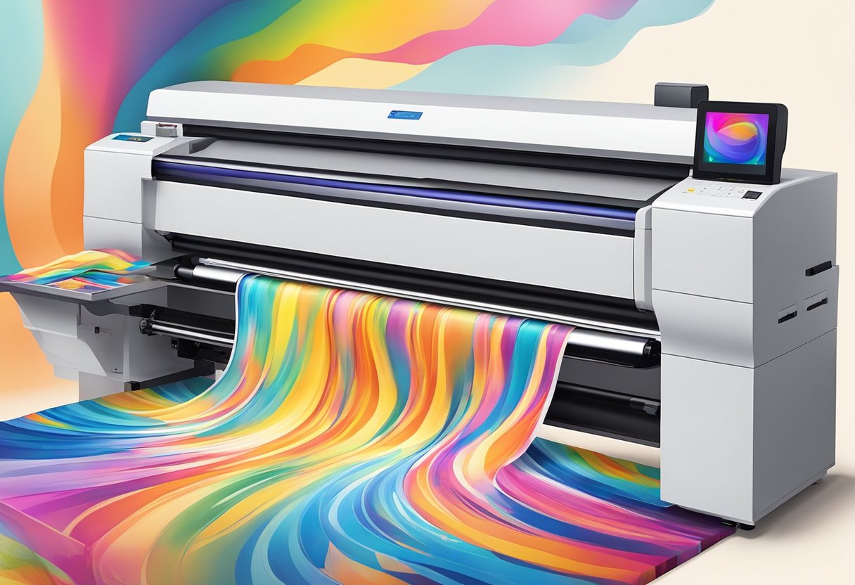 A sublimation printer in action, transferring vibrant colors onto a polyester fabric, with the printer's heat press and ink cartridges visible