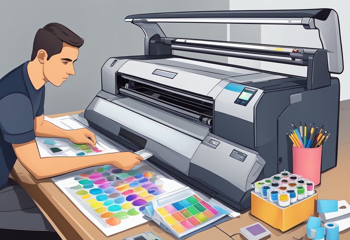 A technician calibrating a sublimation printer with various ink cartridges and paper rolls nearby