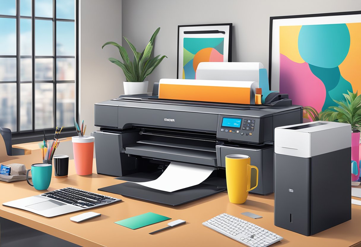 A sublimation printer in a modern office setting, with a computer connected to the printer and various colorful designs being printed onto different items like mugs, shirts, and phone cases