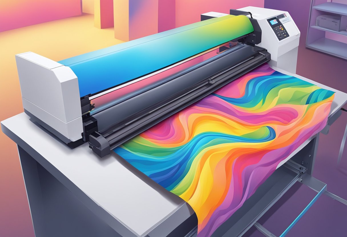 A sublimation printer in action, transferring vibrant colors onto a polyester fabric, with a heat press sealing the design onto the material