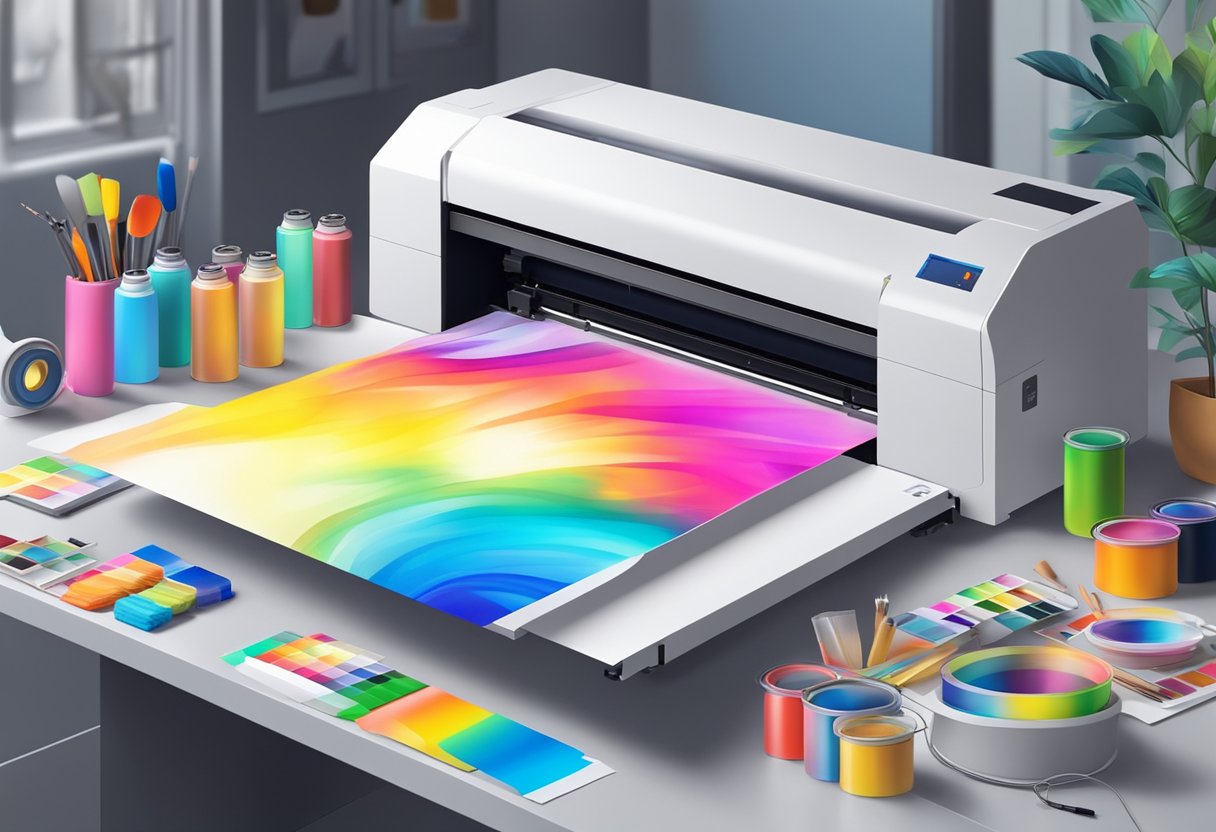 A sublimation printer in action, transferring vibrant colors onto a blank canvas, surrounded by various printing materials and tools