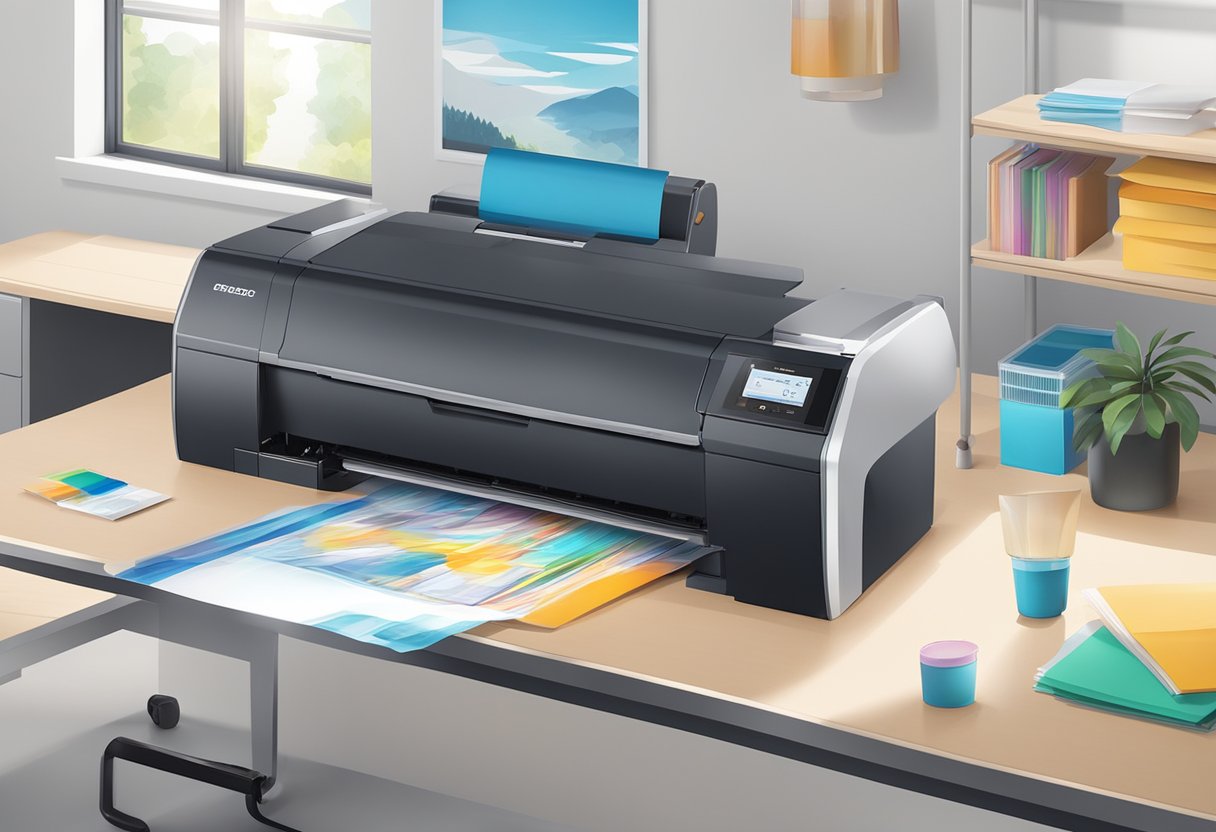 A sublimation printer with ink cartridges and paper on a desk in a well-lit office setting