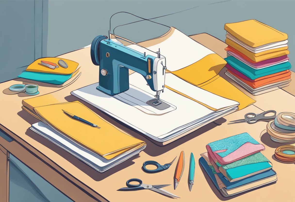 A table with fabric, scissors, pins, and a sewing machine. A sketchbook with design ideas. Bright natural light streaming in