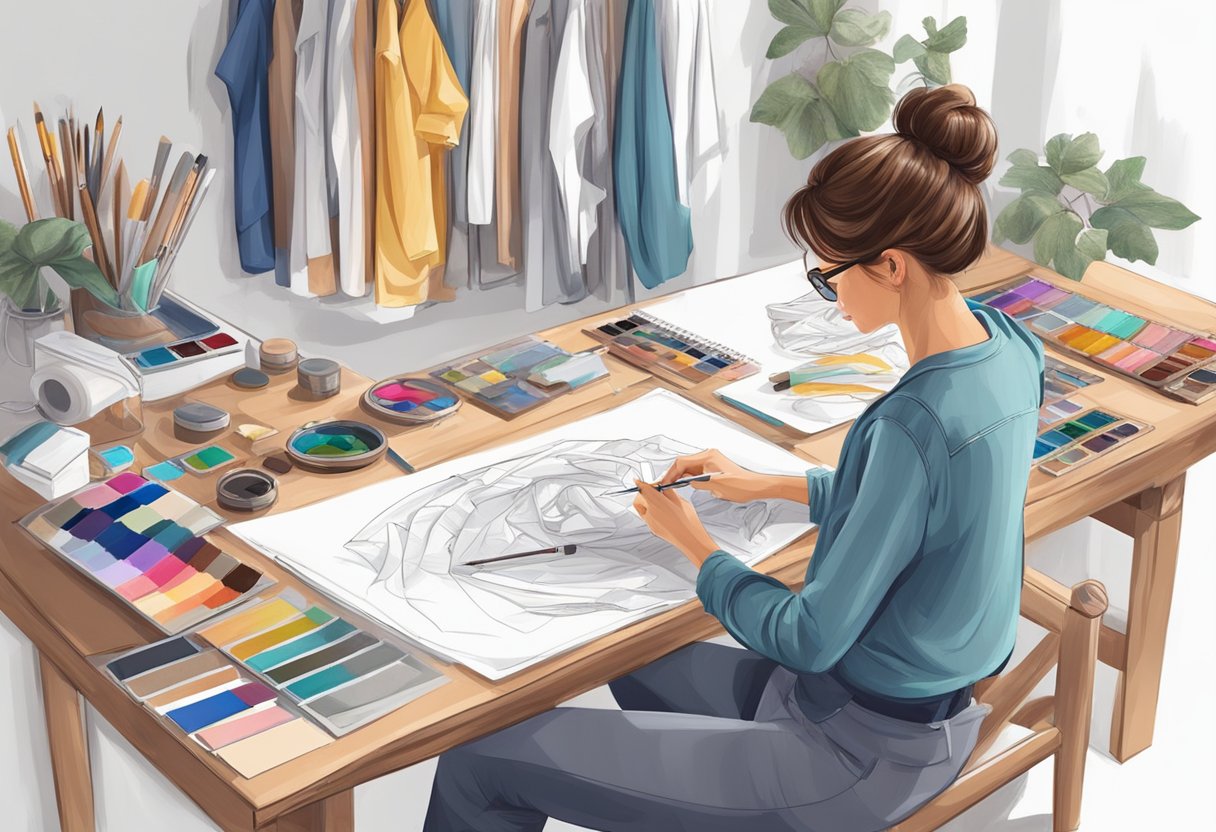 A fashion designer sketching clothes on a drawing board with various fabric swatches and design tools scattered around