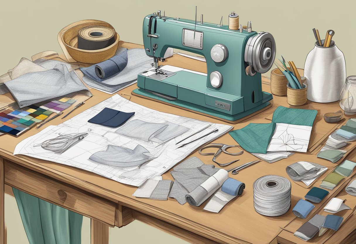 A cluttered work table with fabric swatches, sketches, measuring tape, and a sewing machine