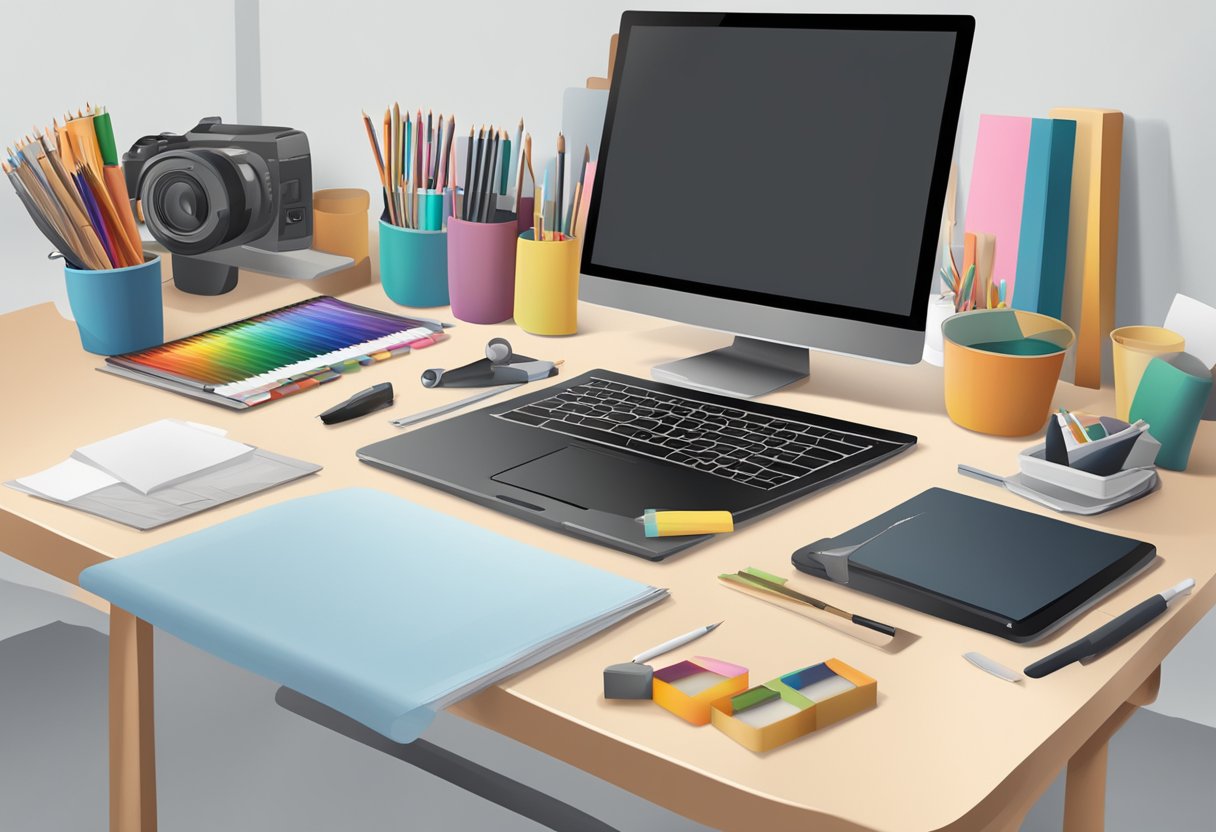 A table with various art supplies, a computer with design software, and a blank t-shirt on a mannequin