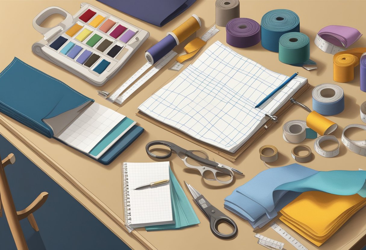 A tailor's work desk with measuring tape, fabric swatches, and sketchbook