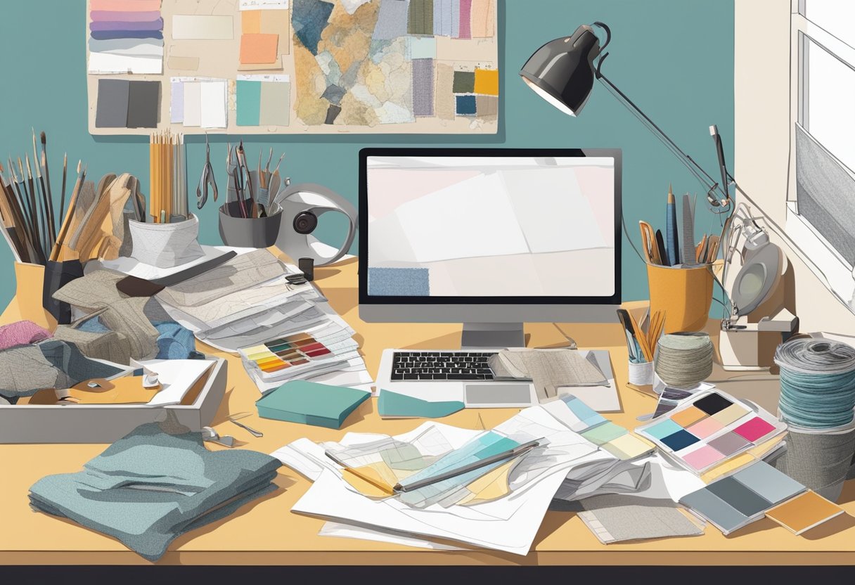 A designer's desk cluttered with sketches, fabric swatches, and sewing tools. A mood board on the wall displays color palettes and style inspiration