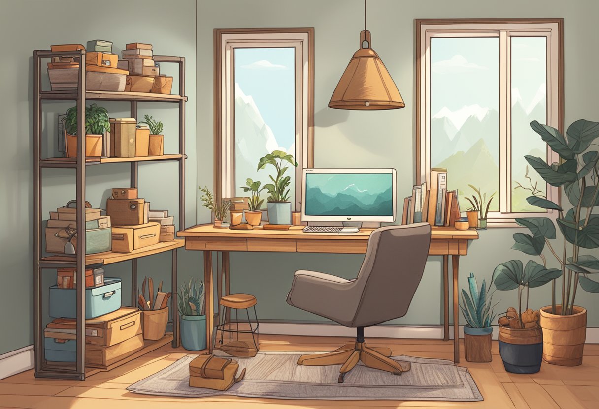 A cozy home office with a desk, computer, and shelves filled with handmade crafts and products. A sign with the Etsy logo hangs on the wall