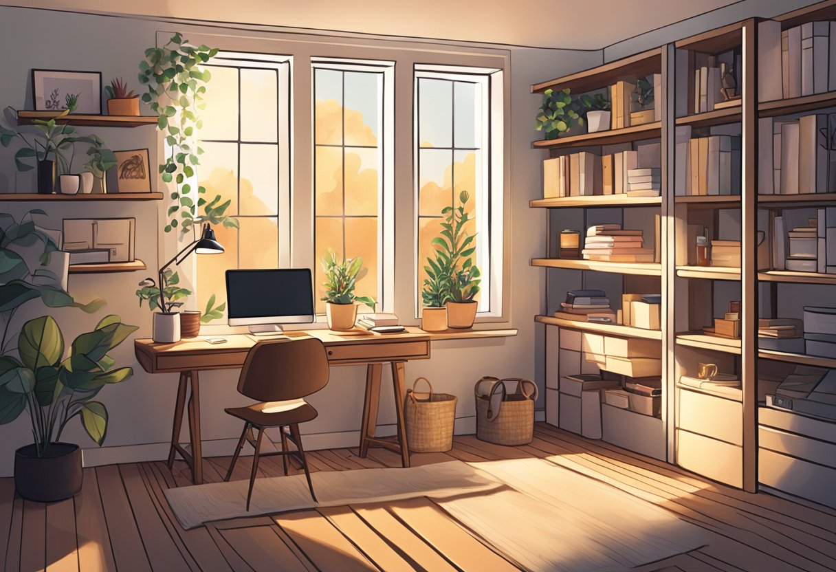 A cozy home office with a computer, desk, and shelves filled with handmade products such as jewelry, art prints, and candles. Sunshine streams through a window, creating a warm and inviting atmosphere