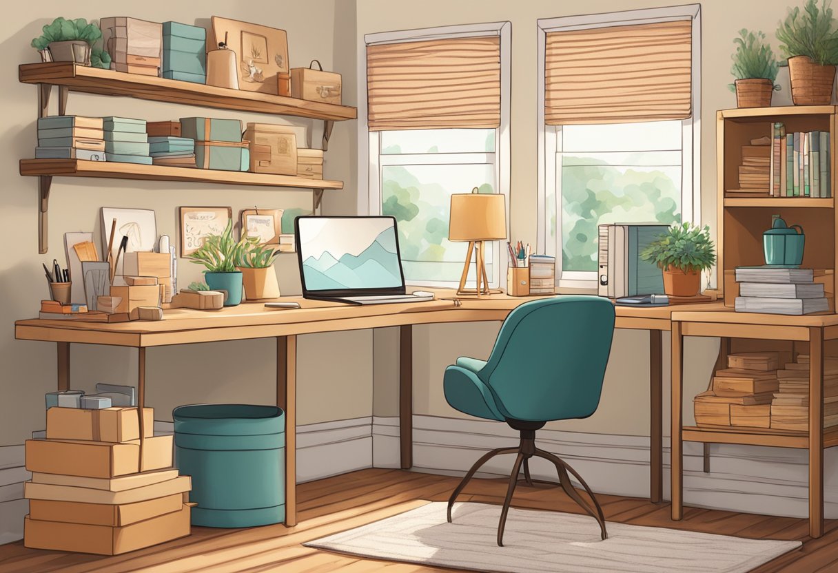 A cozy home office with a computer, desk, and shelves filled with handmade crafts and packaging materials. A sign with the Etsy logo hangs on the wall