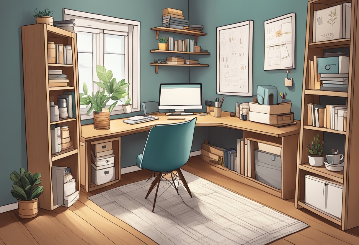 A cozy home office with a computer, shelves of handmade crafts, packaging materials, and a calendar marked with important dates