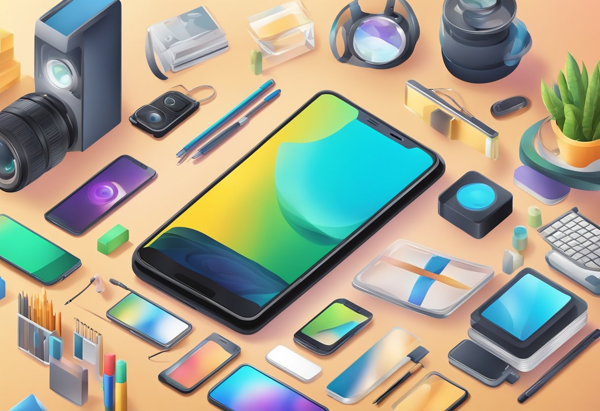 A smartphone with a vibrant, eye-catching image on the screen, surrounded by various products and items related to photography and social media