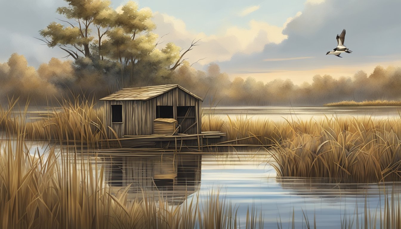 A duck blind made of natural materials blends into the marsh landscape, with a small opening for hunters to observe and shoot waterfowl