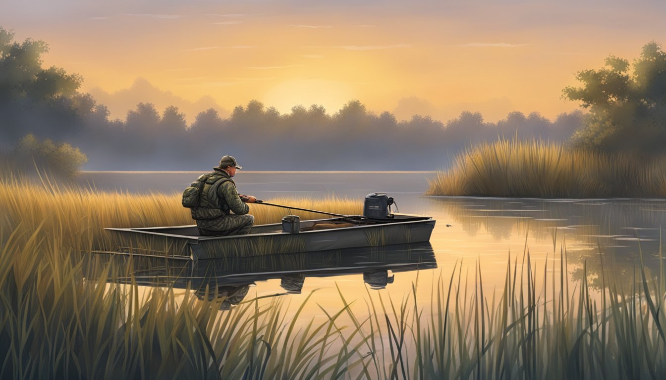 A hunter sets up a duck blind in the early morning, surrounded by tall grass and a calm, still pond