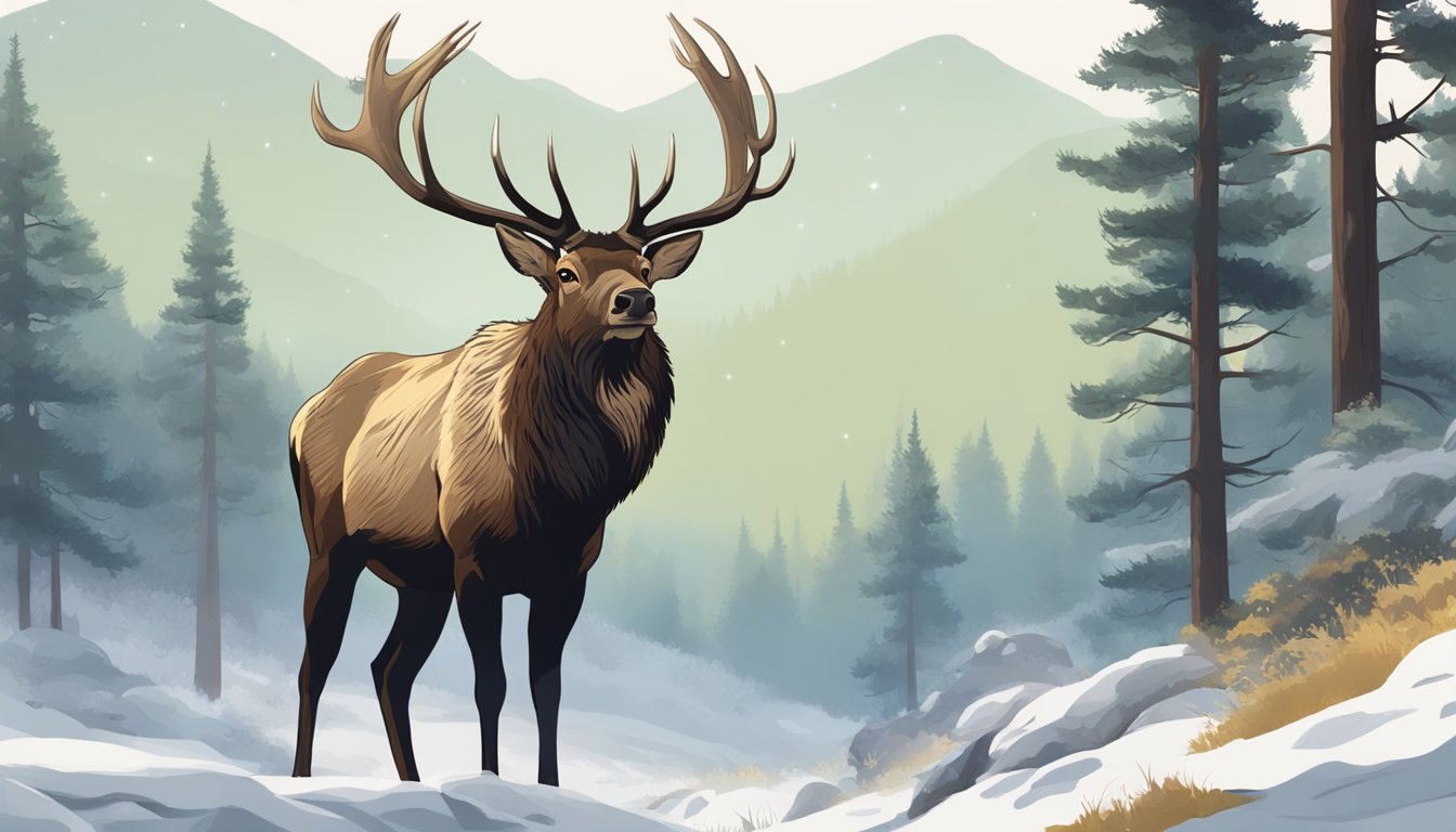 A majestic elk stands in a forest clearing, its powerful antlers reaching towards the sky as it surveys the surrounding landscape for potential threats