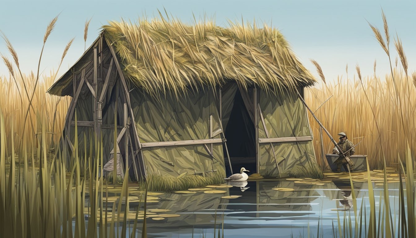 A duck blind set up in a marsh with tall grass, reeds, and water. A camouflaged shelter with decoys and hunting gear scattered around