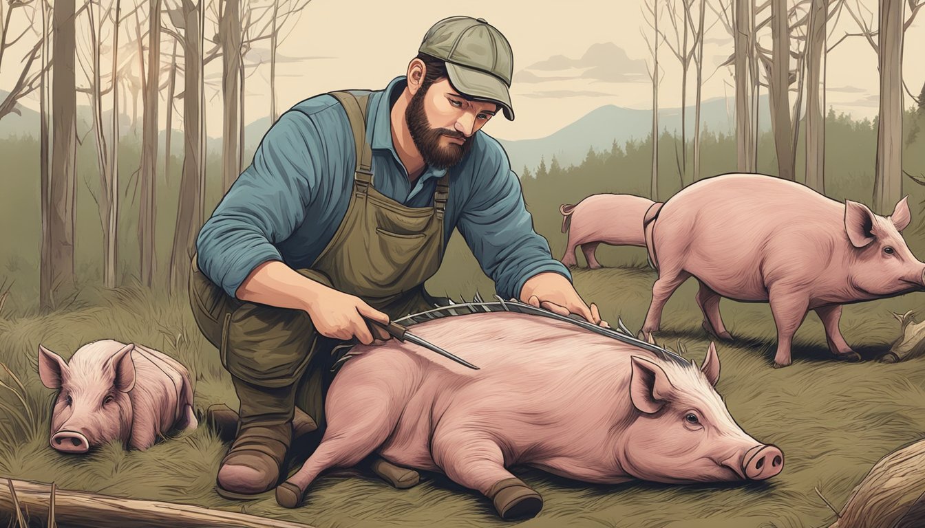 A hunter meticulously field dresses a hog, removing entrails and preparing the meat for quality preservation