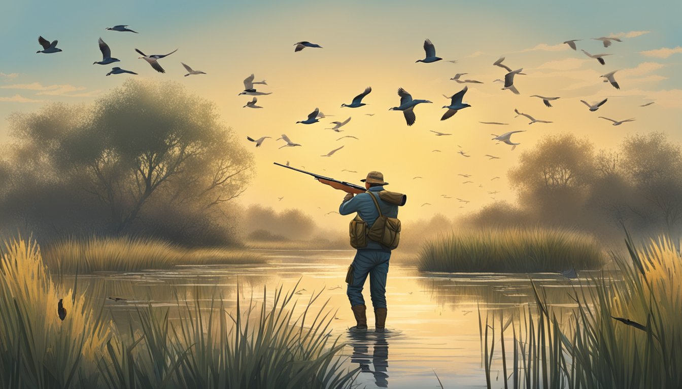 A hunter aiming a shotgun at a flock of migratory birds in a wetland marsh