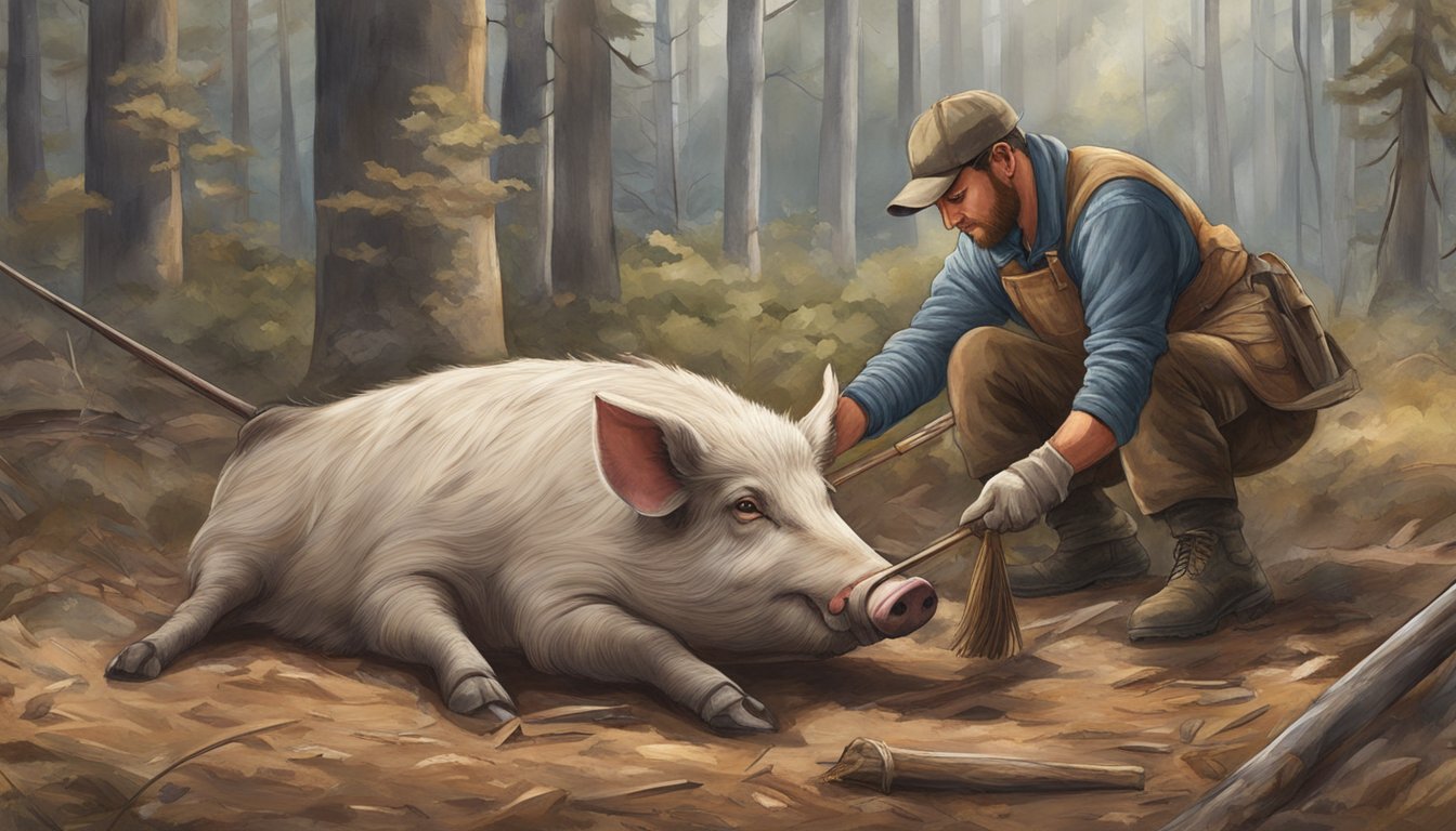 A hunter carefully removes the hide from a freshly killed hog, preparing it for display