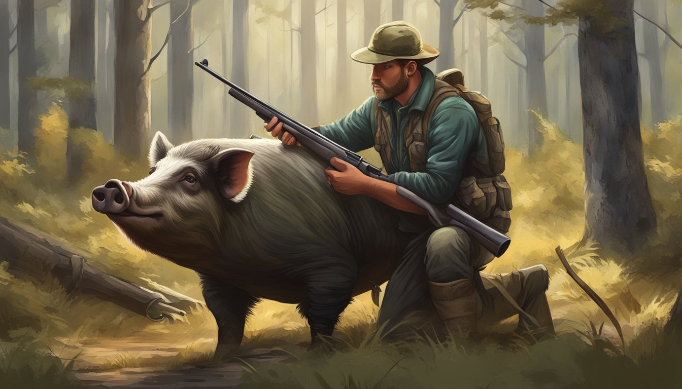 A hunter field dresses a hog in a wooded area