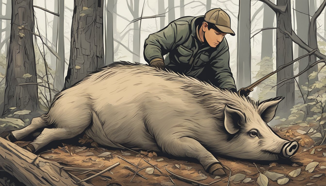 A hunter carefully removes the hide and organs from a hog carcass in a wooded clearing