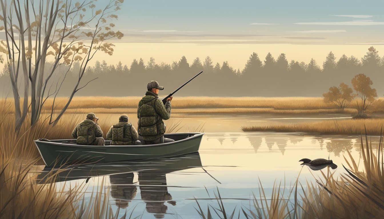 A hunter setting up a camouflage blind near a wetland, with decoys and a shotgun, waiting for migratory birds