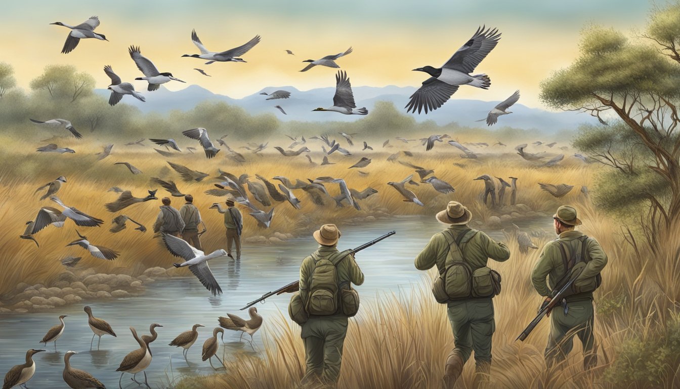 Migratory birds being hunted, with hunters and compliance officers monitoring the activity