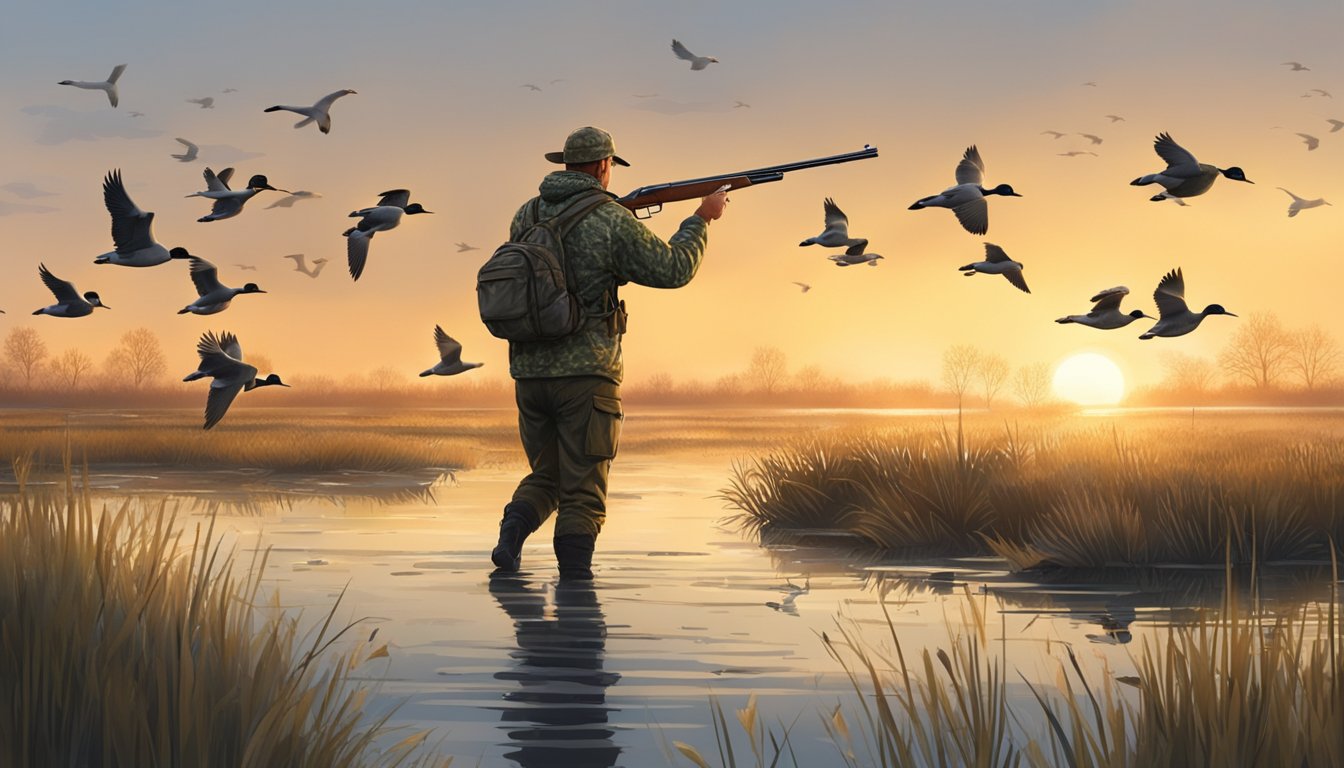 A hunter in camouflage aims a shotgun at a flock of ducks landing on a serene, marshy wetland at sunrise