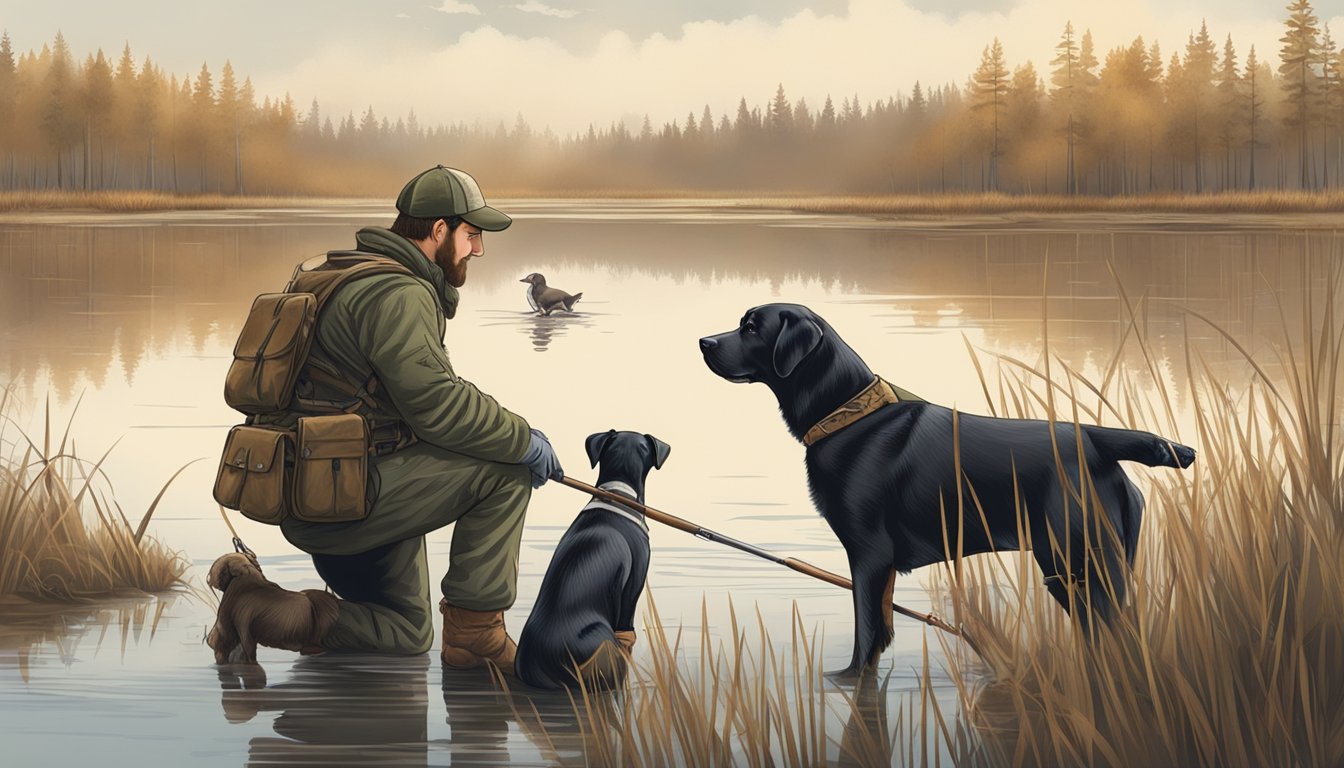 A hunter setting up decoys in a marsh with a dog beside him, following regulations and ethical guidelines for waterfowl hunting